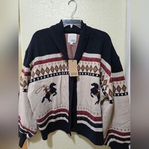 Women's Blue and Cream Western Cardigan Sweater